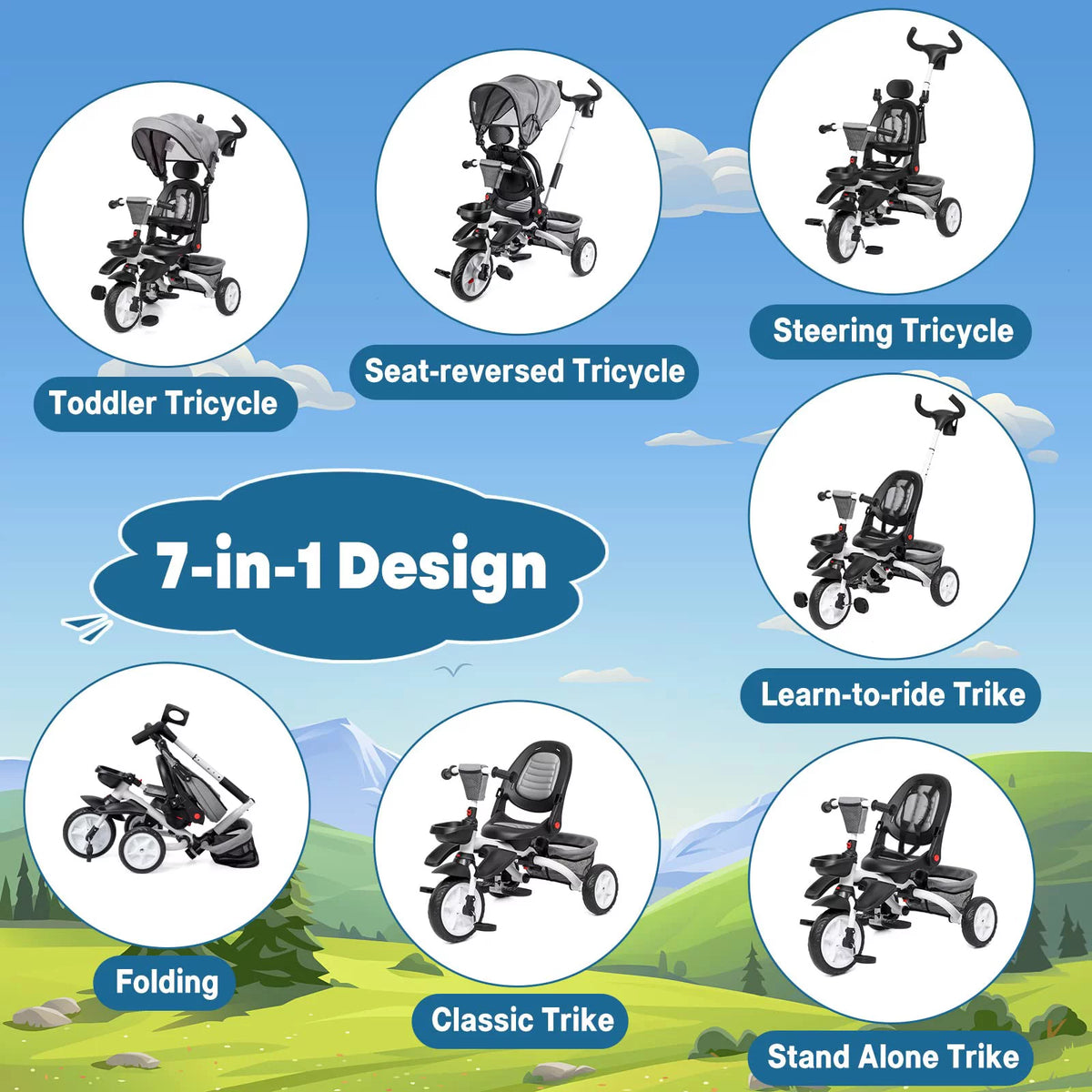 Folding Toddler Tricycle with Adjustable Push Handle, Harness, Canopy and Storage O423