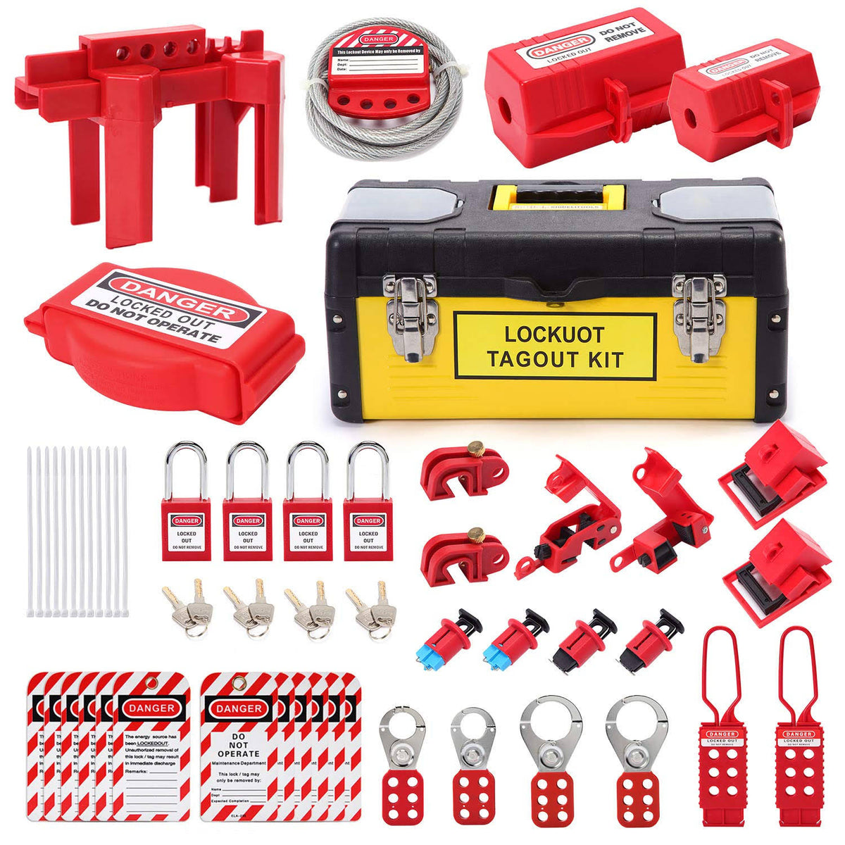 Lockout Tagout Kit with Safety Padlocks, Hasp, Breaker Lockout, Ball Valve Lockout, Steel Cable Lockout, Plug J912409