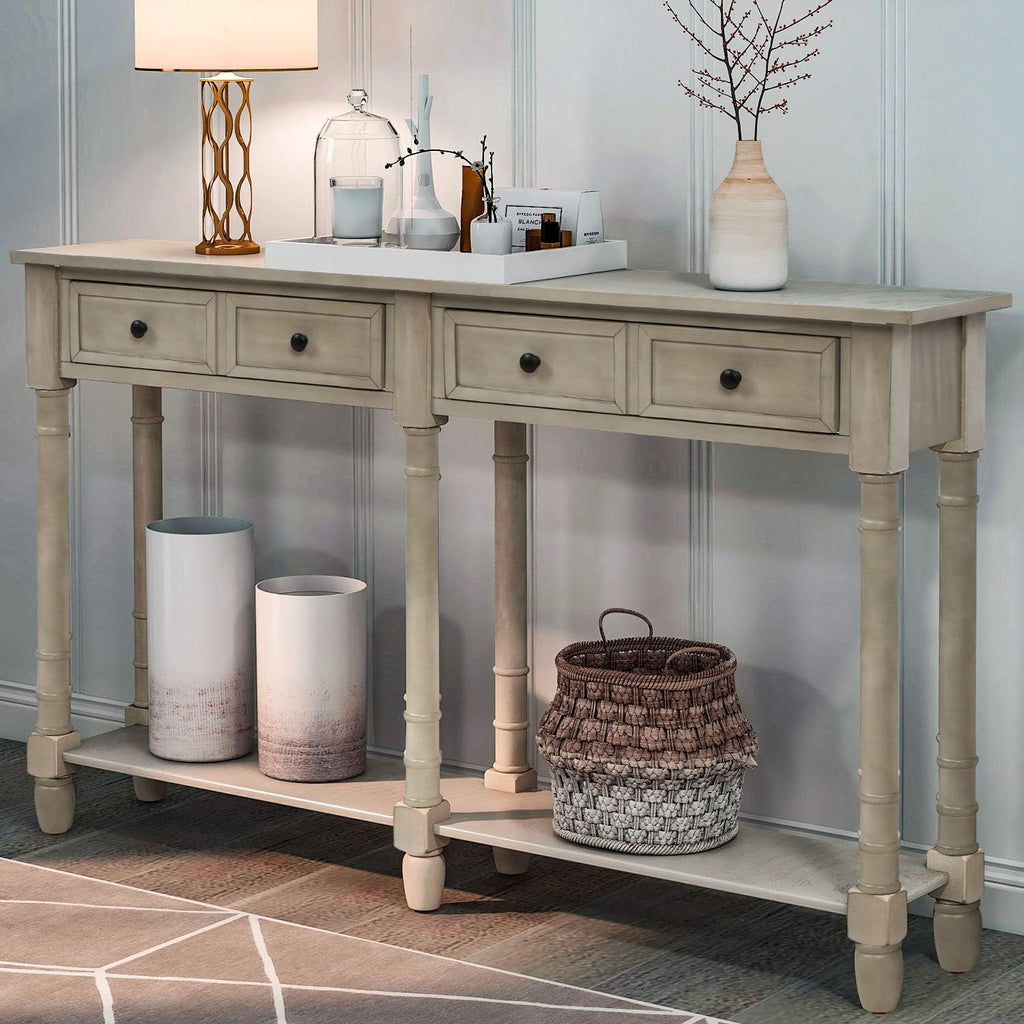 Retro Blue 4-Leg Wood Console Table with Two Drawers and Bottom Shelf I847