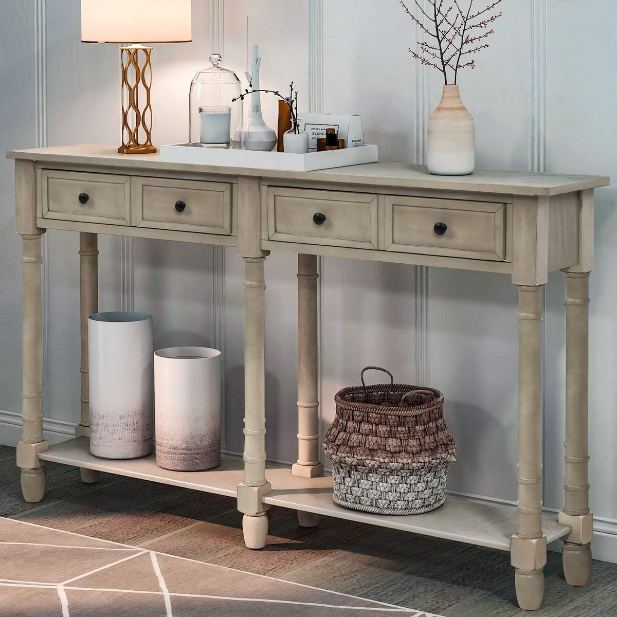 Retro Blue 4-Leg Wood Console Table with Two Drawers and Bottom Shelf I847