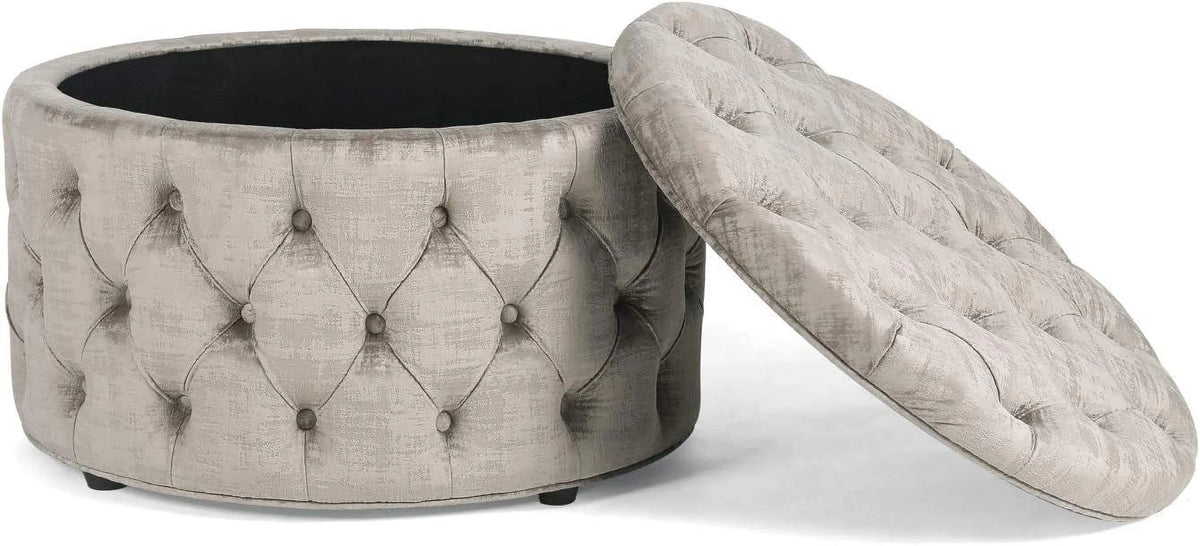 Beige Button Tufted Storage Ottoman Y240611