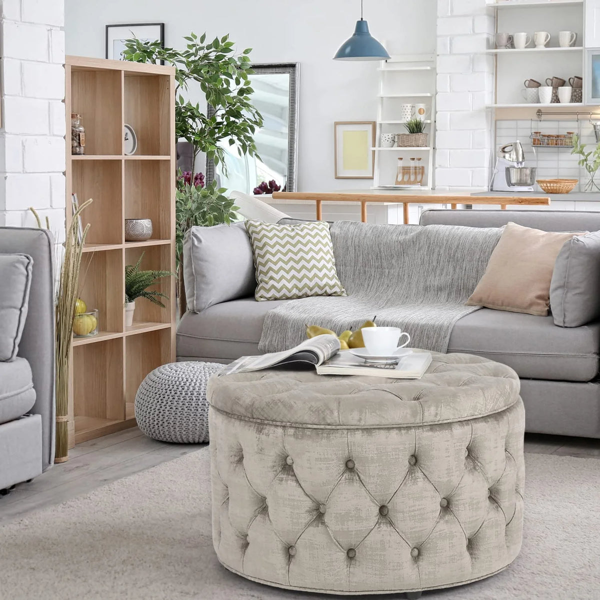 Beige Button Tufted Storage Ottoman Y240611