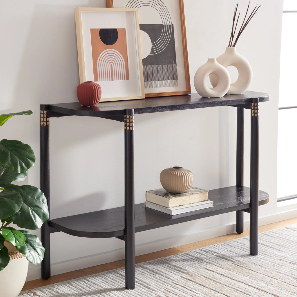 Black Natural Wood Console Table with Shelf N7704