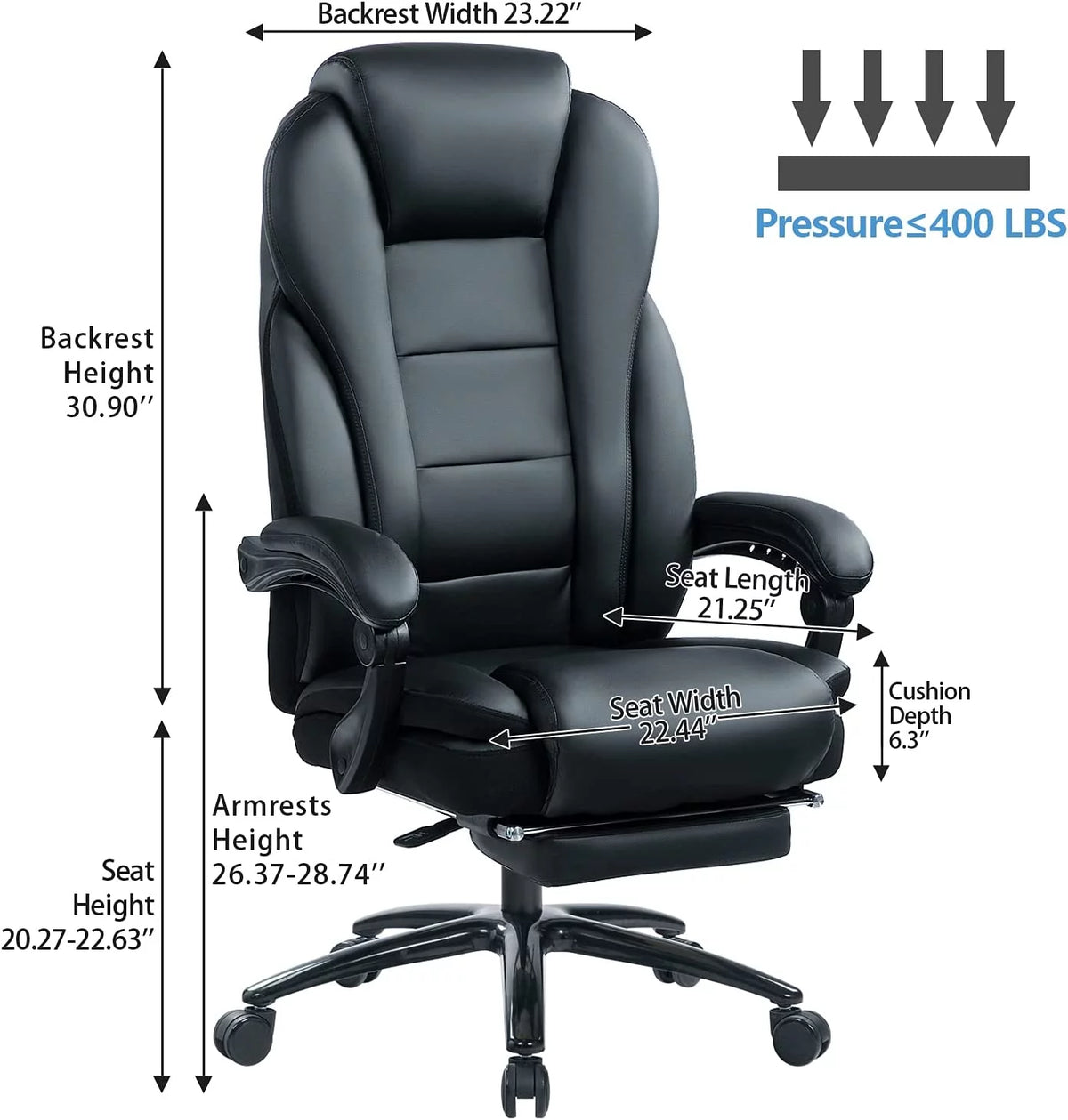 Big and Tall Leather Office Chair with Memory Foam Cushion and Footrest K178
