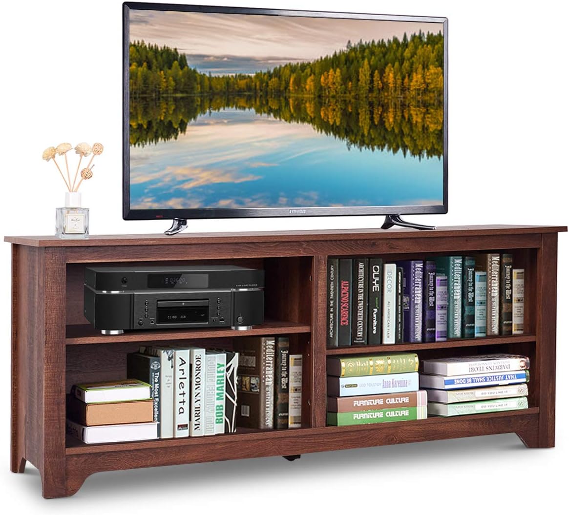 Brown Wood TV Stand with 4 Open Storage Shelves J87825