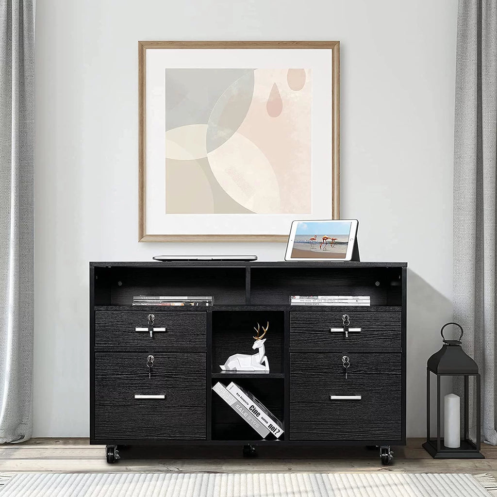 Black 4-Drawer Wood File Cabinet with Lock and Shelves S383767