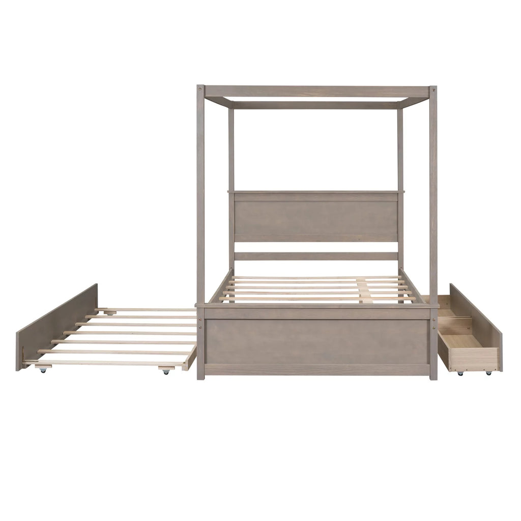 Full Size White Wood Canopy Platform Bed with Trundle Q484