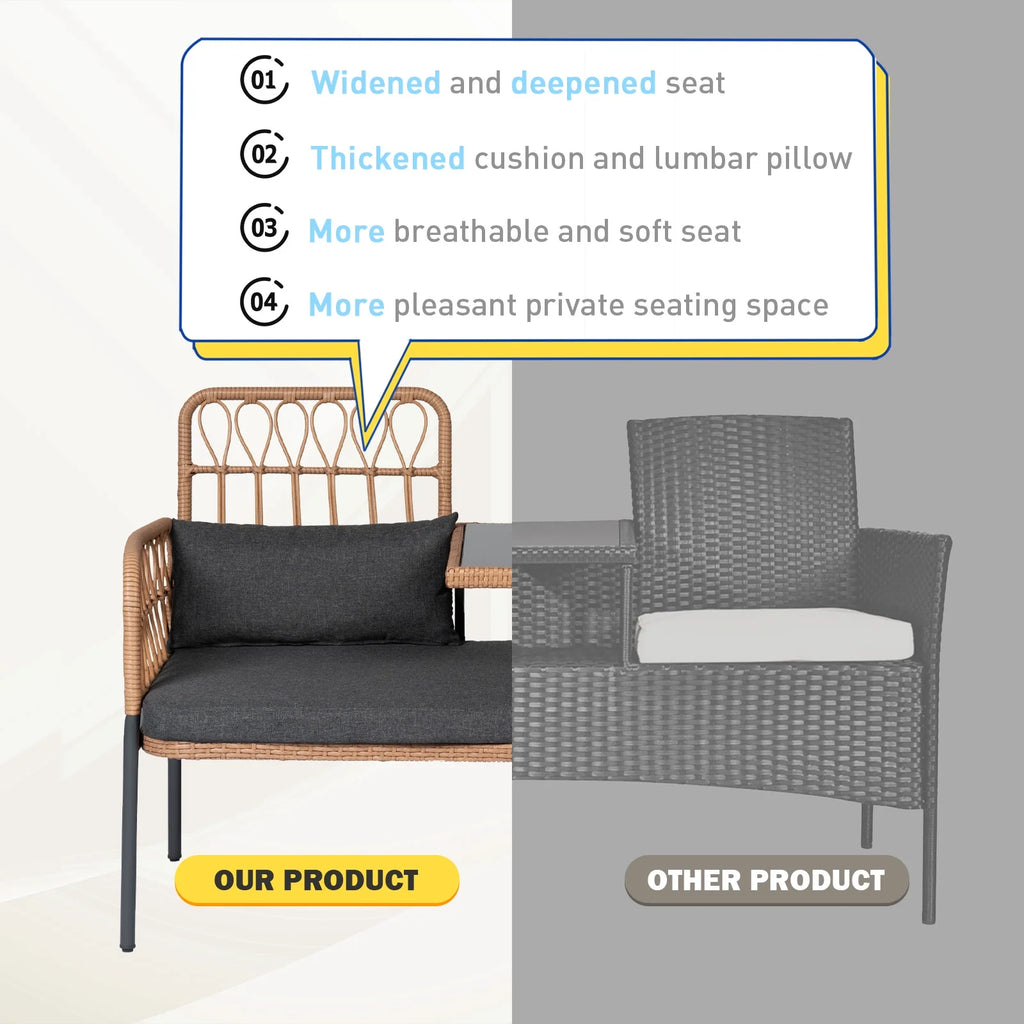 Gray Outdoor Rattan Loveseat with Built-in Coffee Table E46961