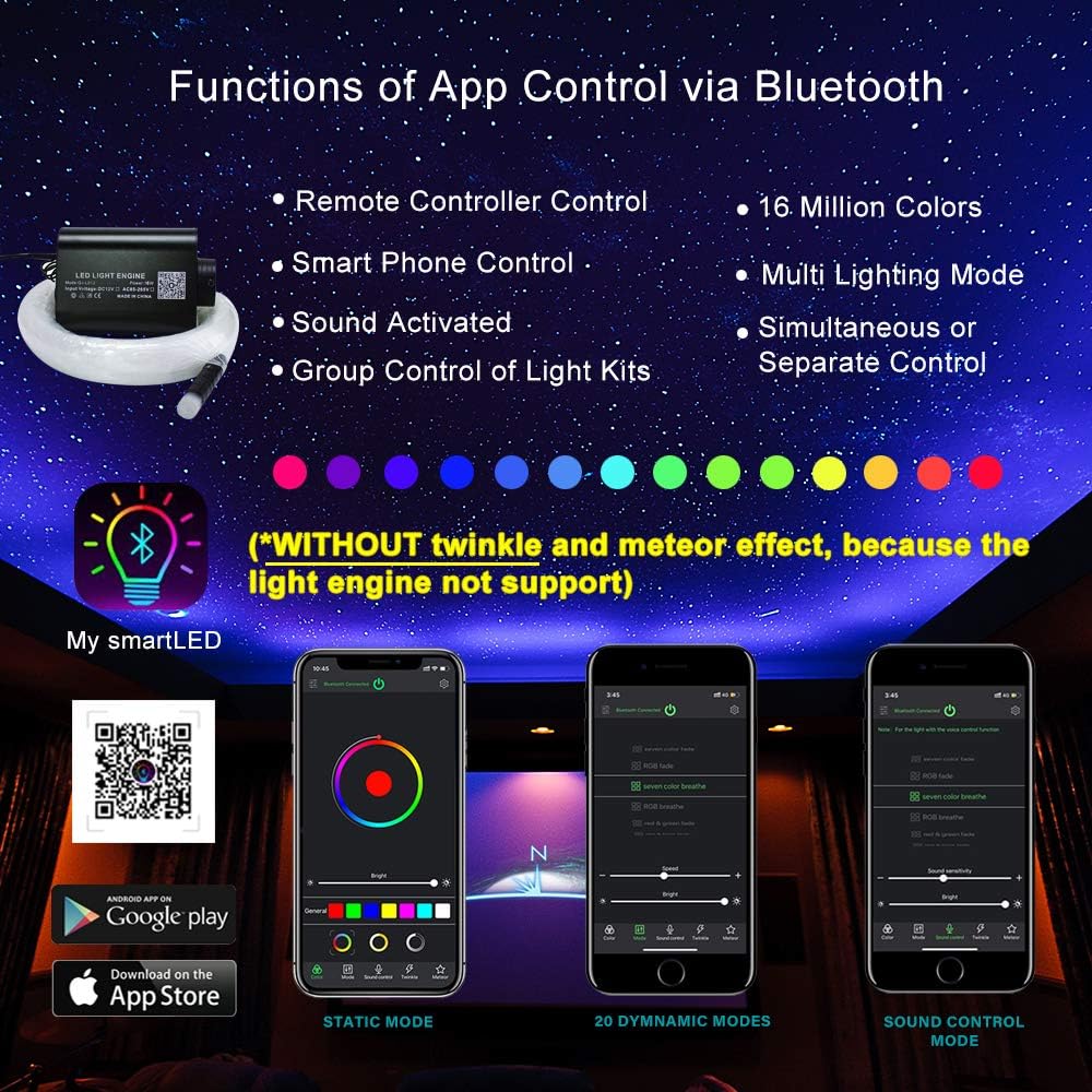 16W Fibre Optic Star Ceiling Light Kit RGBW Sound Sensor with Remote and Fiber Cable 550pcs 0.75mm 13.1ft/4m H72766