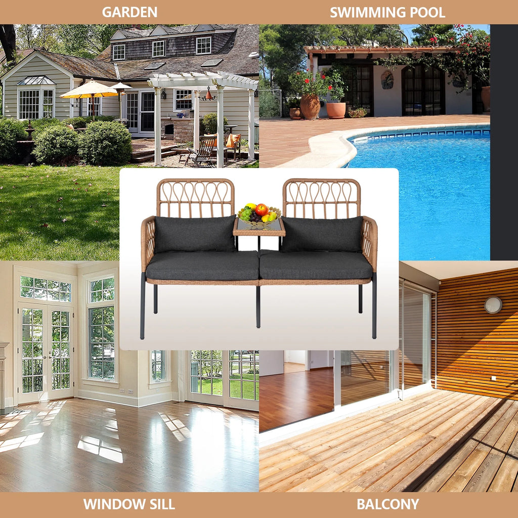 Gray Outdoor Rattan Loveseat with Built-in Coffee Table E46961