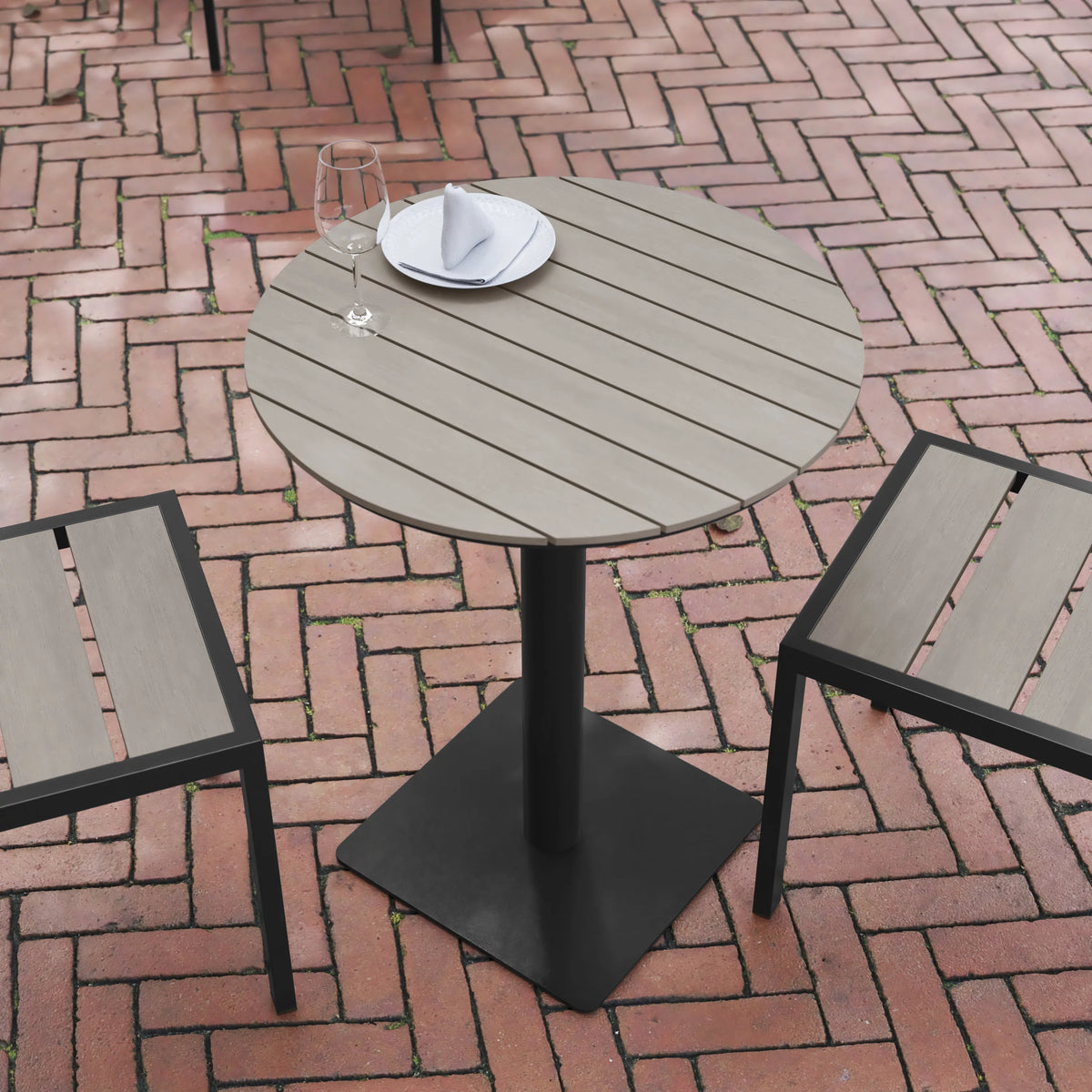 Round 24" Faux Teak Poly Slats Steel Frame Table B966893