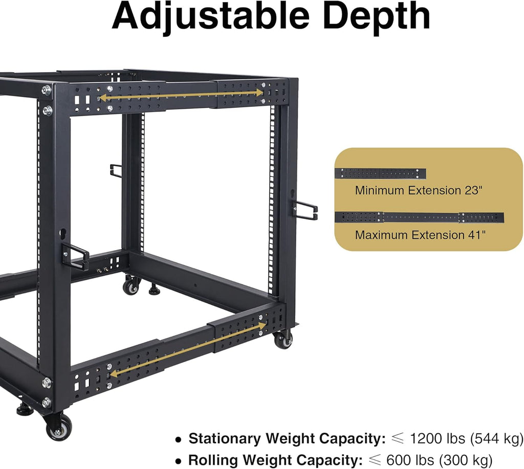 12U Open Frame Server and Network Equipment Rack with Adjustable Depth, Casters, Levelers, Cable Management O246