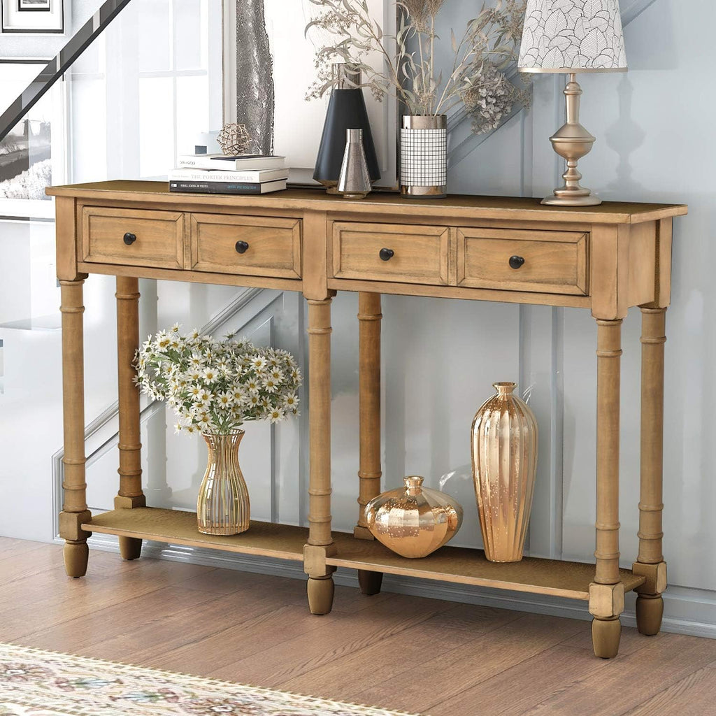 Retro Blue 4-Leg Wood Console Table with Two Drawers and Bottom Shelf I847