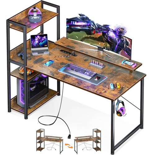 40 Inch Carbon Fiber Black Gaming Desk with Power Outlets and Storage Shelves I454454