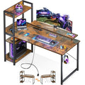 40 Inch Carbon Fiber Black Gaming Desk with Power Outlets and Storage Shelves I454454