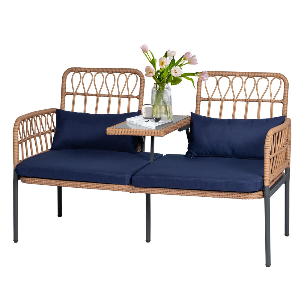Gray Outdoor Rattan Loveseat with Built-in Coffee Table E46961