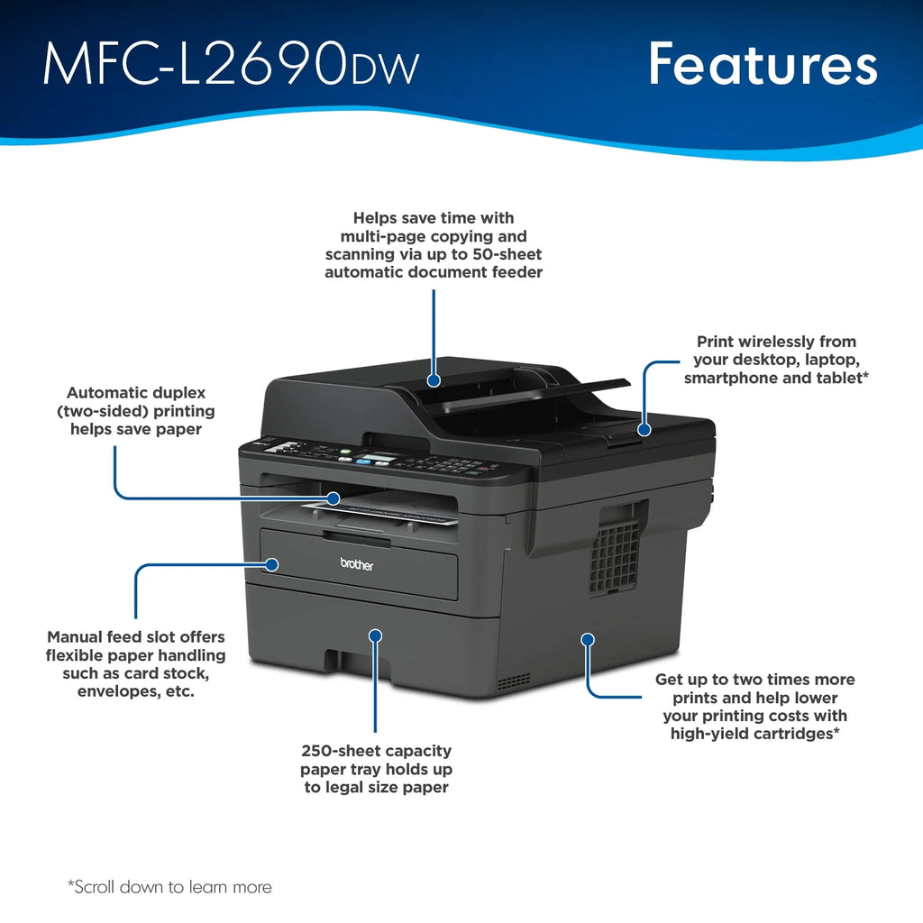 Monochrome Laser All-in-One Printer with Duplex Printing and Wireless Connectivity D820276
