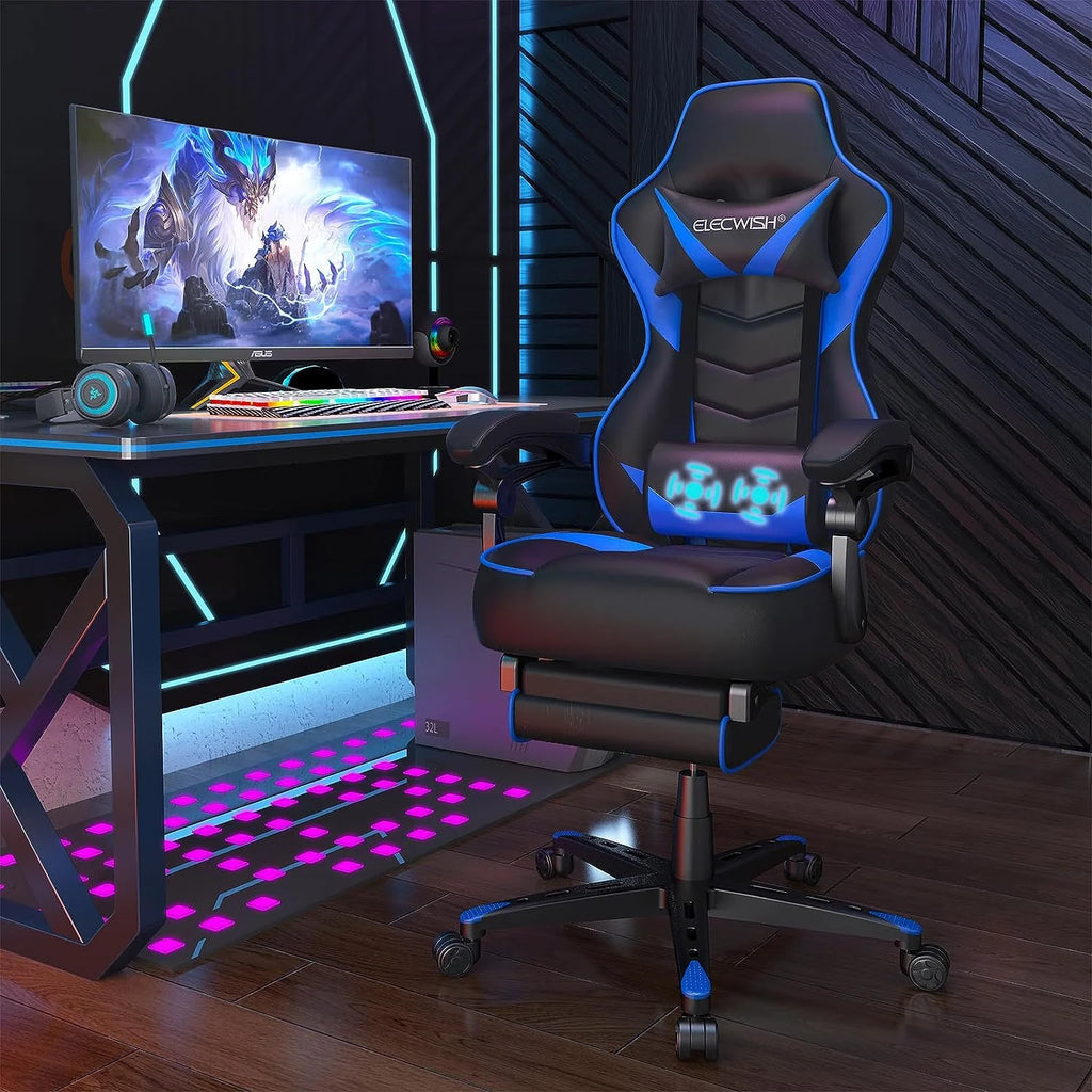 Blue PU Leather Reclining Gaming Chair with Footrest and Massage Lumbar Pillow Y138886