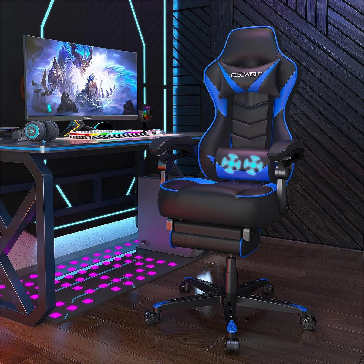 Blue PU Leather Reclining Gaming Chair with Footrest and Massage Lumbar Pillow Y138886