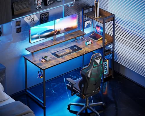 40 Inch Carbon Fiber Black Gaming Desk with Power Outlets and Storage Shelves I454454