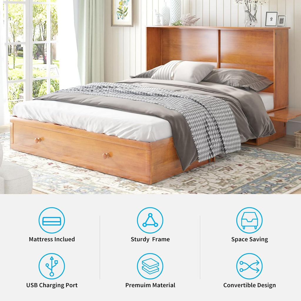 Queen Size Murphy Bed with Foldable Foam Mattress and Storage Drawer (Cherry) B688