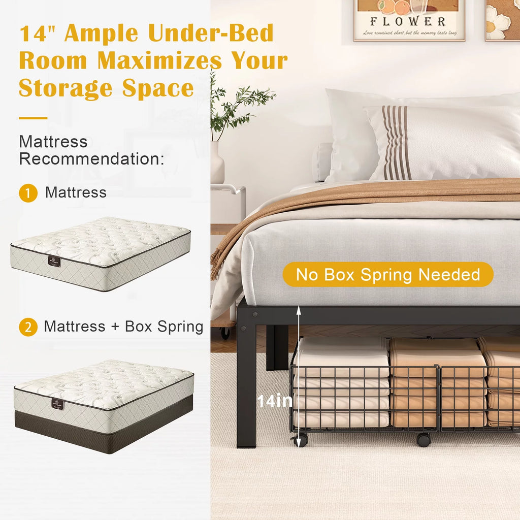Black Twin Size Metal Platform Bed Frame with 14 inch Under Bed Storage C2032