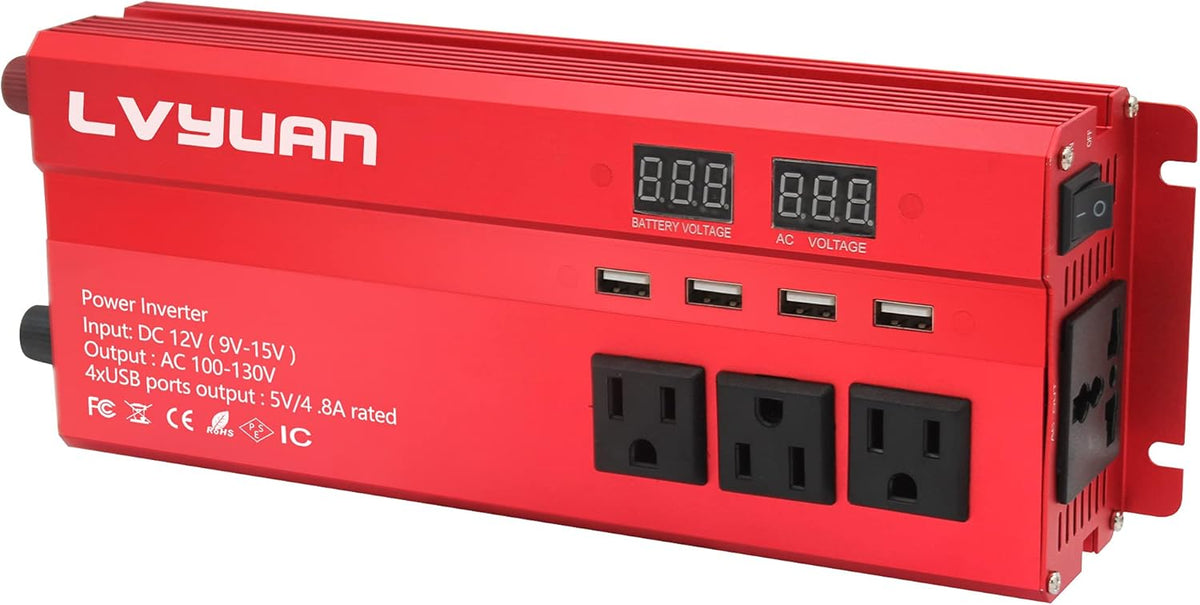 1000W Car Power Inverter 12V to 110V AC with 4 Outlets and 4 USB Ports U6007