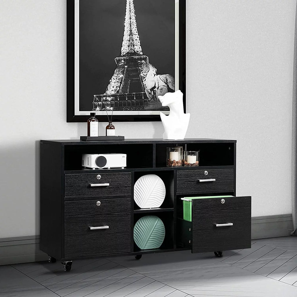 Black 4-Drawer Wood File Cabinet with Lock and Shelves S383767