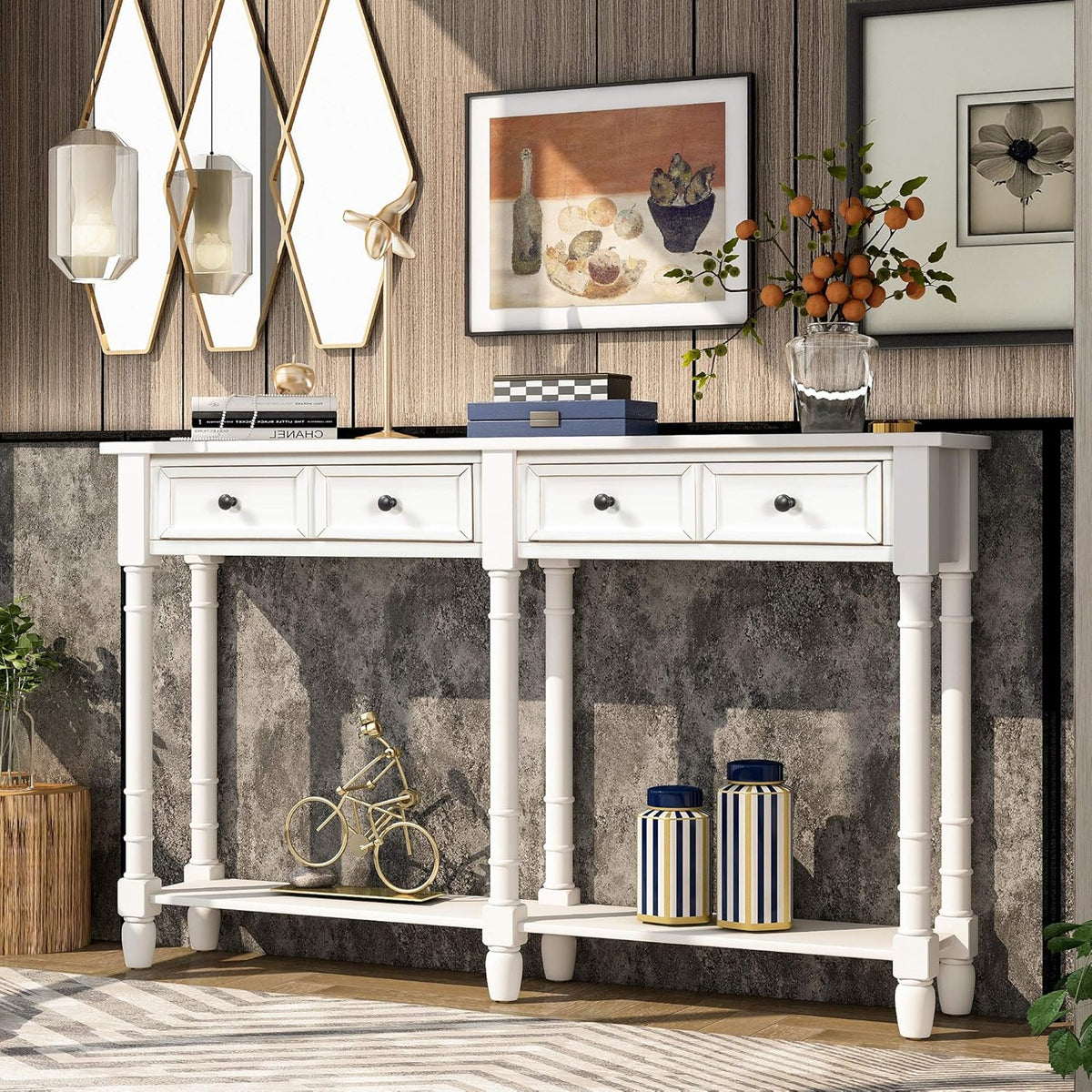 Retro Blue 4-Leg Wood Console Table with Two Drawers and Bottom Shelf I847