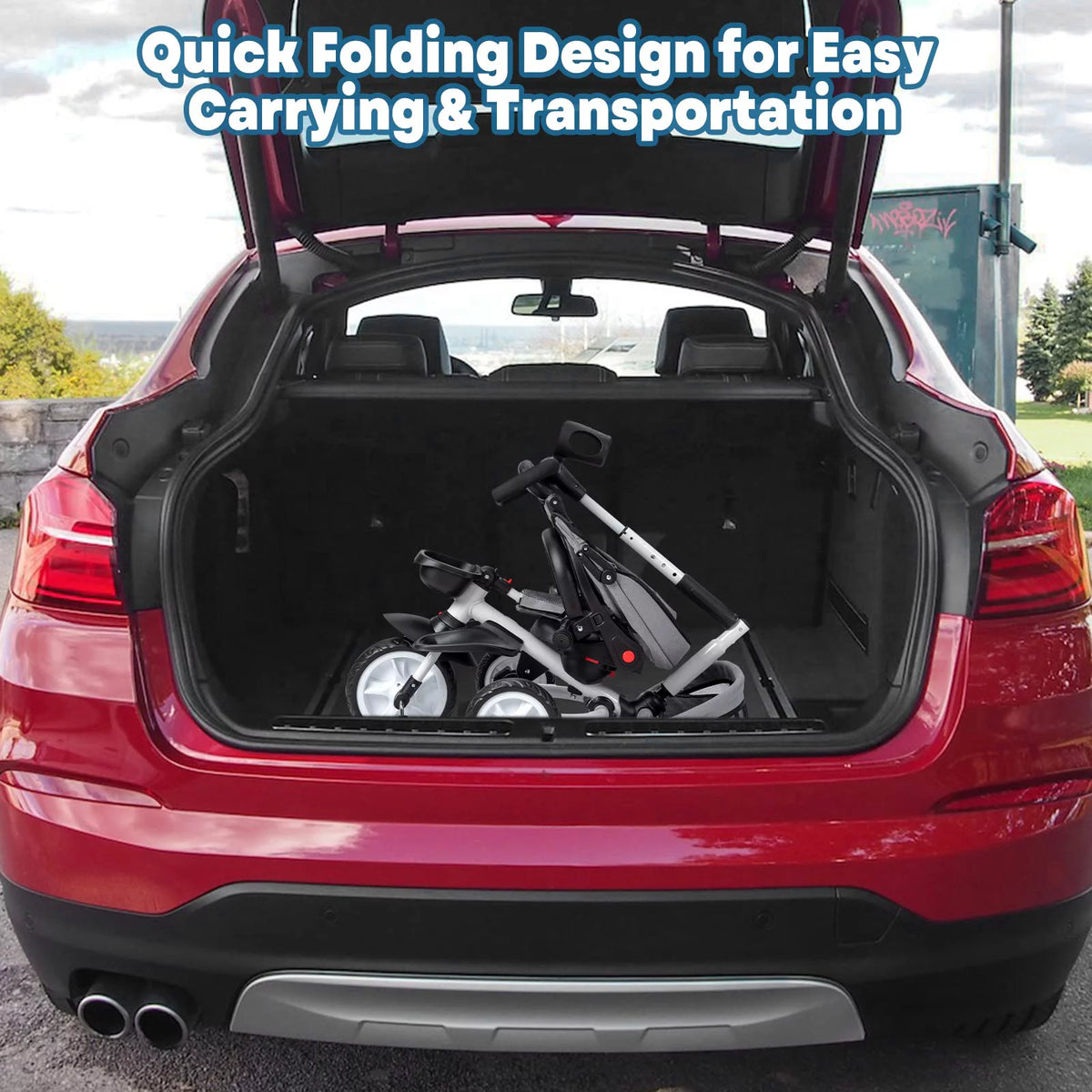 Folding Toddler Tricycle with Adjustable Push Handle, Harness, Canopy and Storage O423