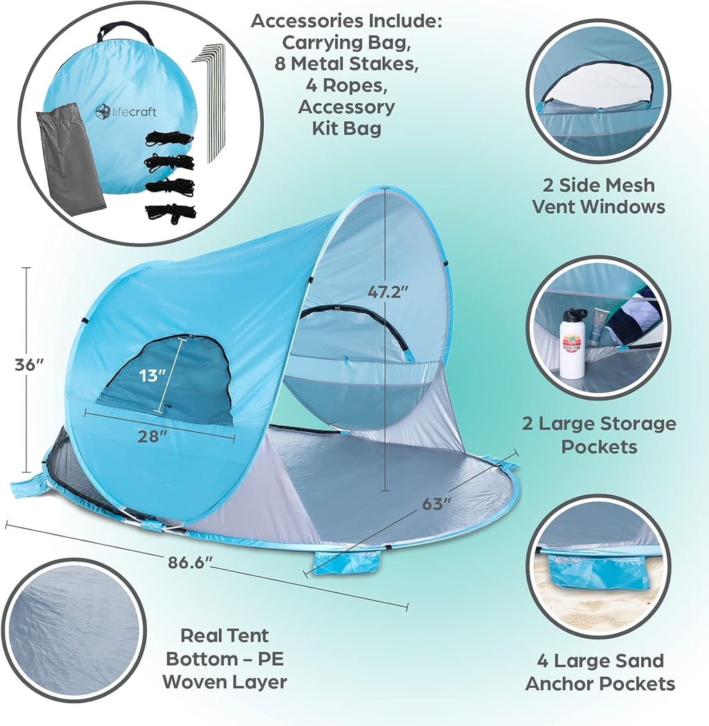 Blue Pop Up Beach Tent 3 4 Person Sun Shelter with UPF 50+ UV Protection W79525