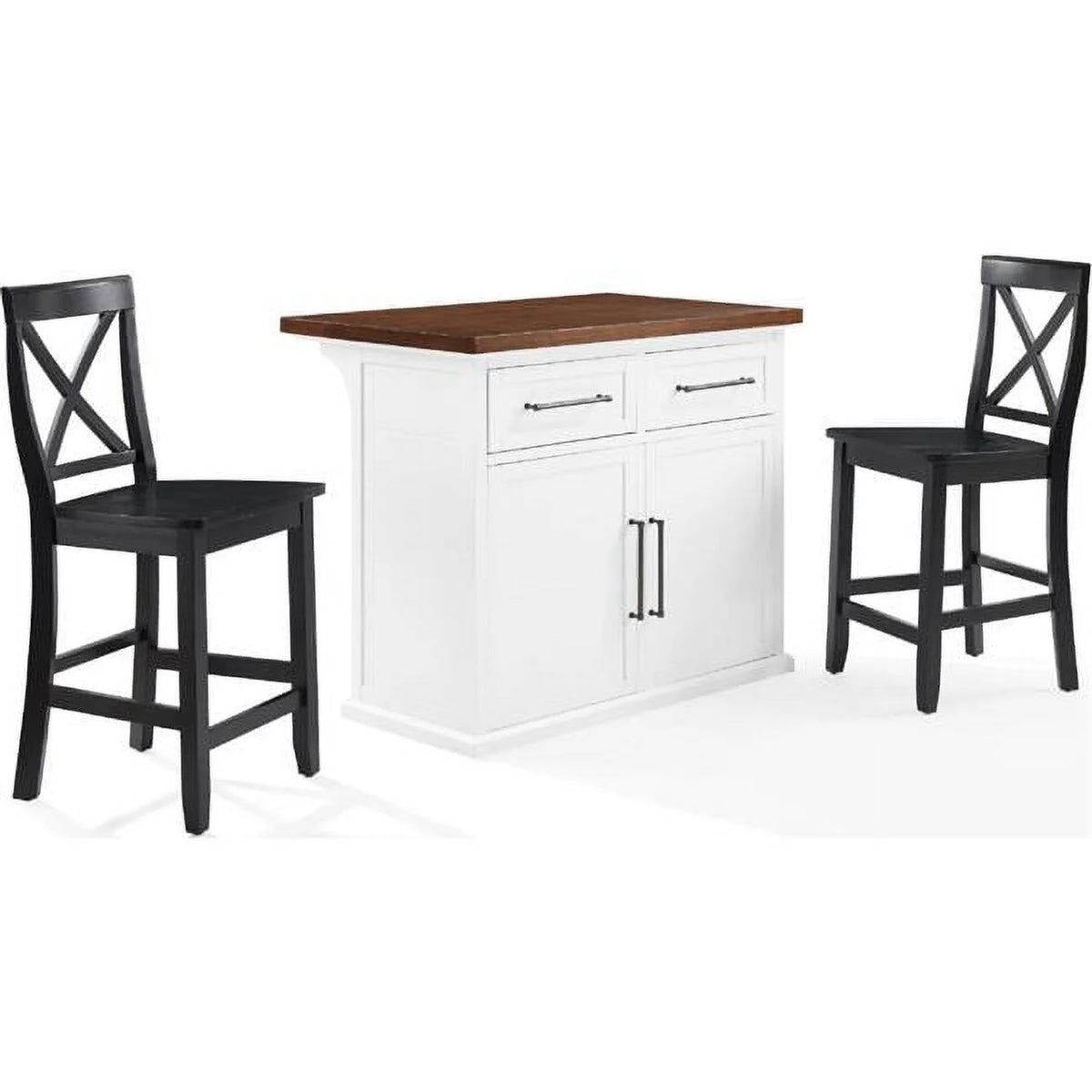 White Wood Top Kitchen Island with Black X-Back Stools X492
