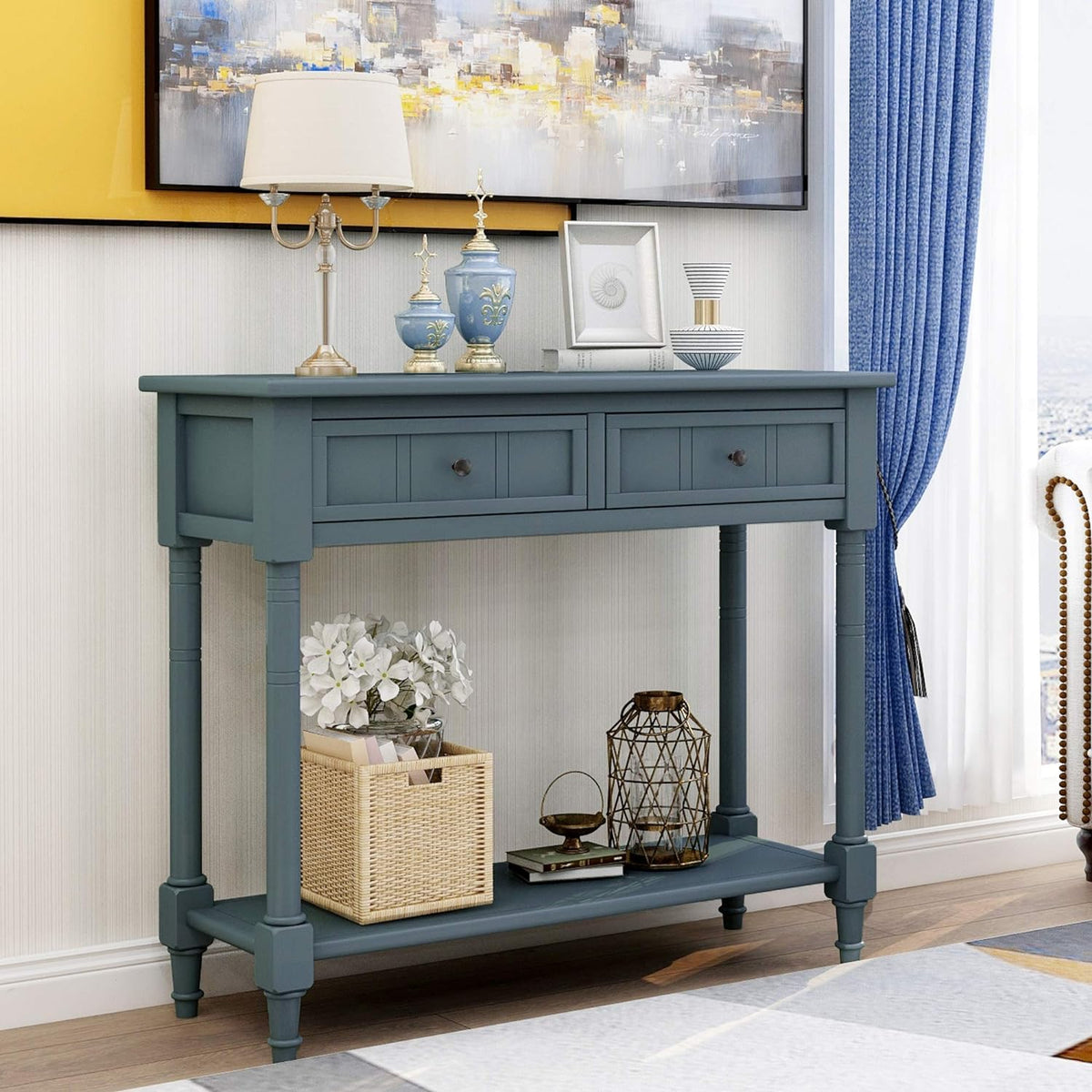 Retro Blue 4-Leg Wood Console Table with Two Drawers and Bottom Shelf I847
