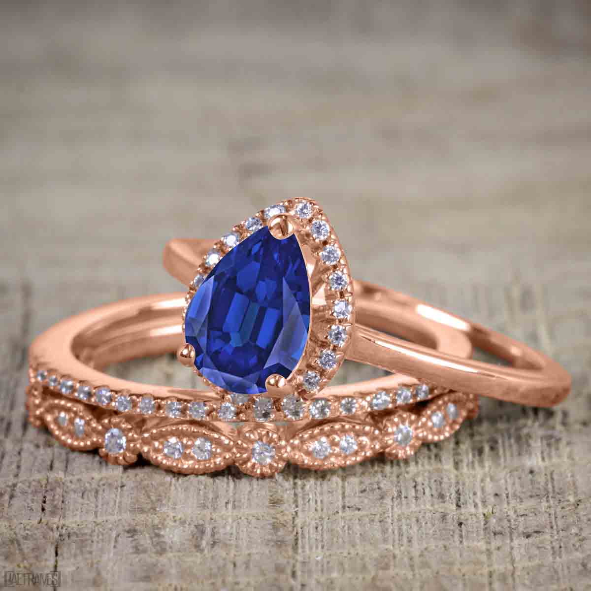 Pear Cut Lab Created Blue Sapphire Trio Wedding Ring Set A745