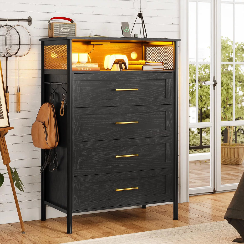 Black 4 Drawer Dresser with Charging Station A275