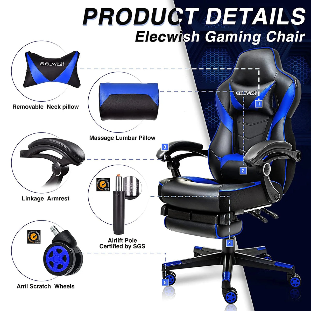 Blue PU Leather Reclining Gaming Chair with Footrest and Massage Lumbar Pillow Y138886