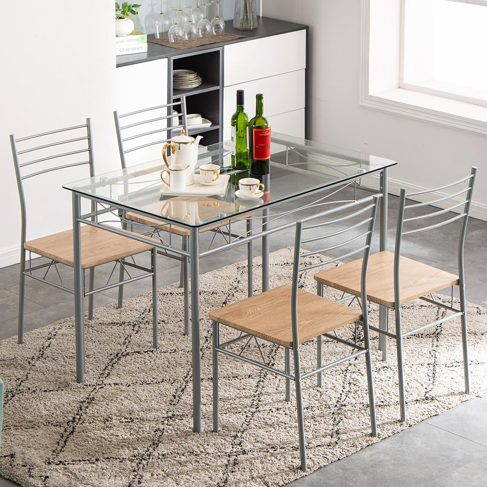 5 Piece Glass Dining Set with Metal Frame M124