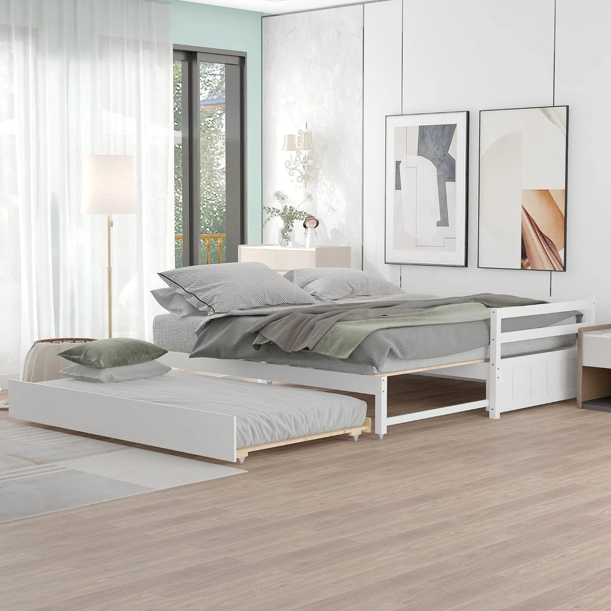White Wood Extendable Daybed with Trundle C681
