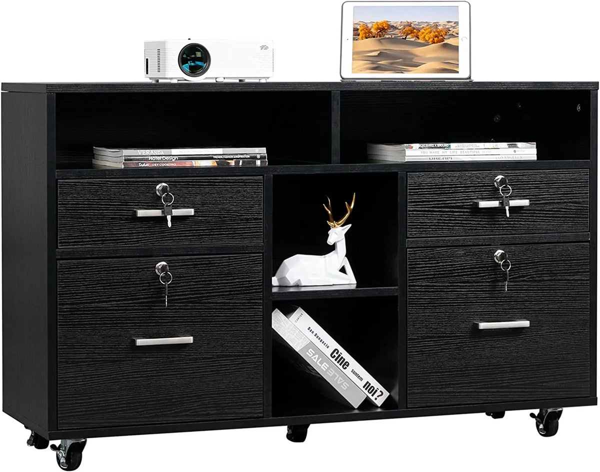 Black 4-Drawer Wood File Cabinet with Lock and Shelves S383767