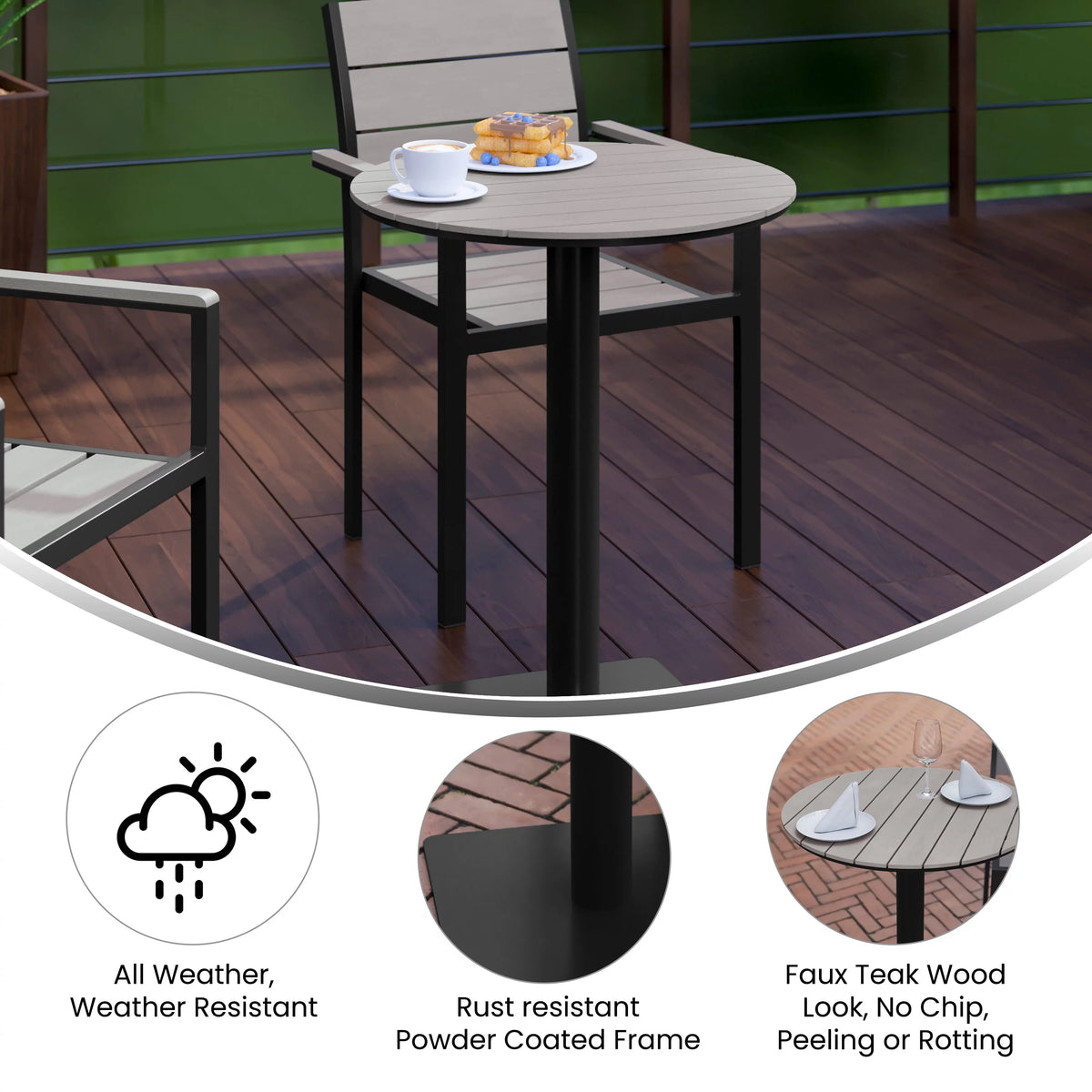 Round 24" Faux Teak Poly Slats Steel Frame Table B966893