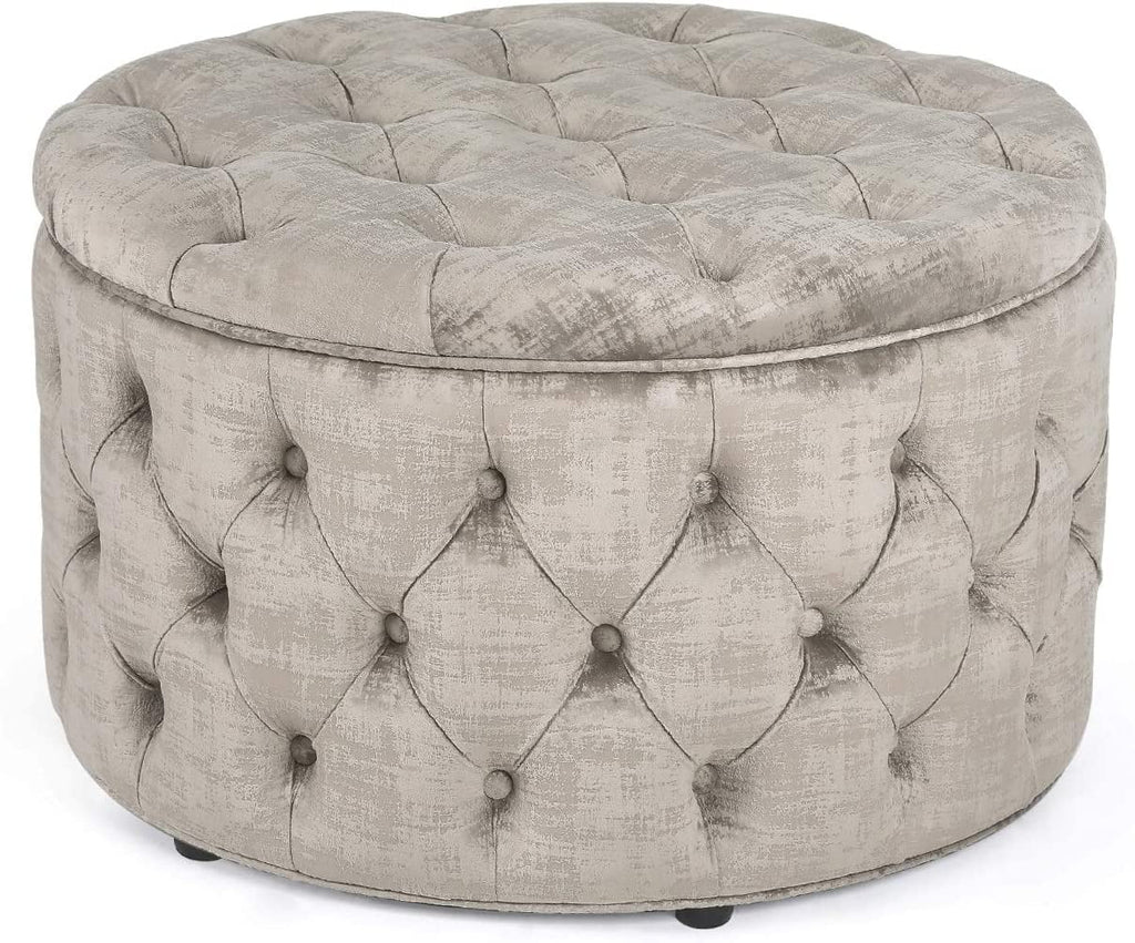 Beige Button Tufted Storage Ottoman Y240611