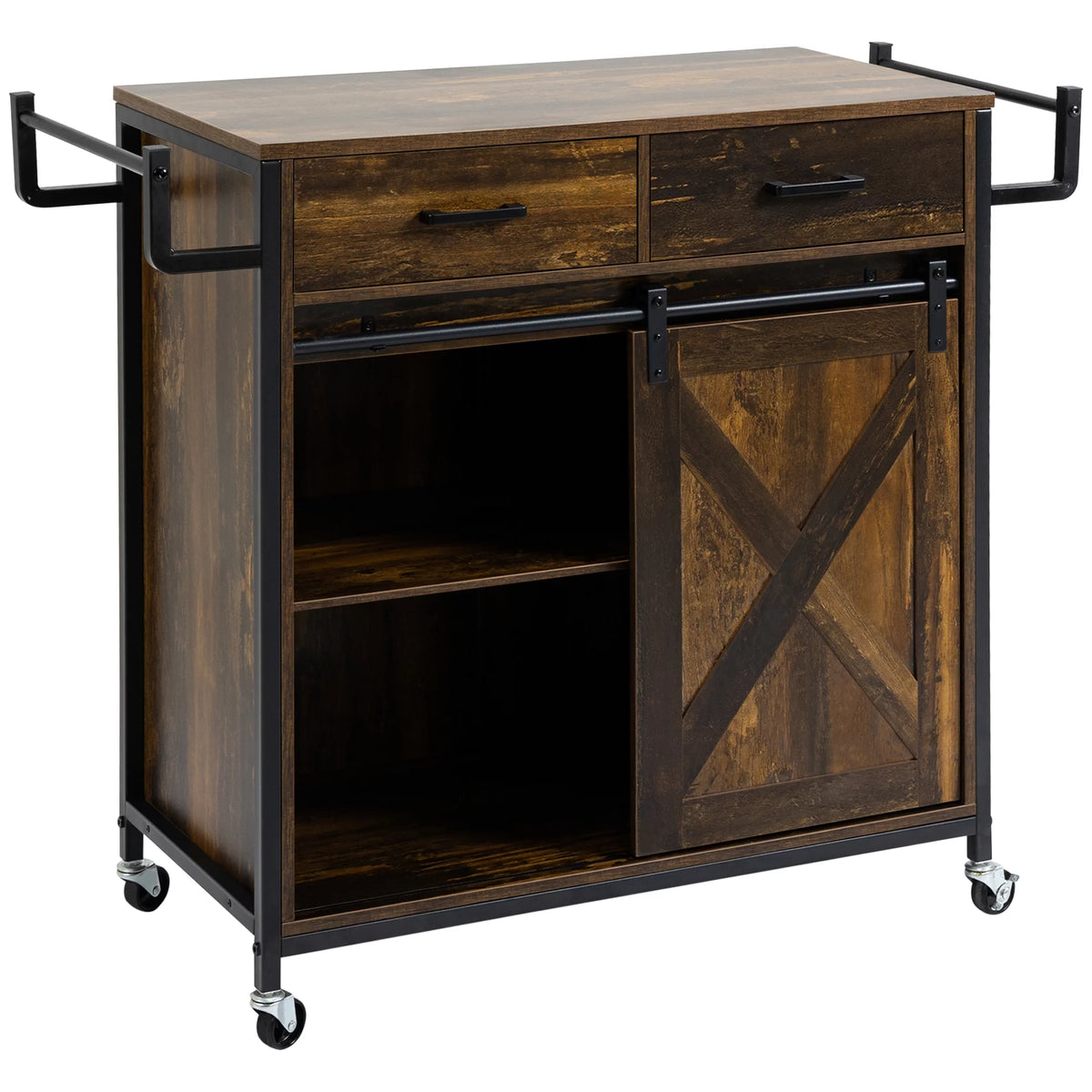 Rolling Kitchen Cart with Adjustable Shelf, Two Drawers and Towel Rack L249