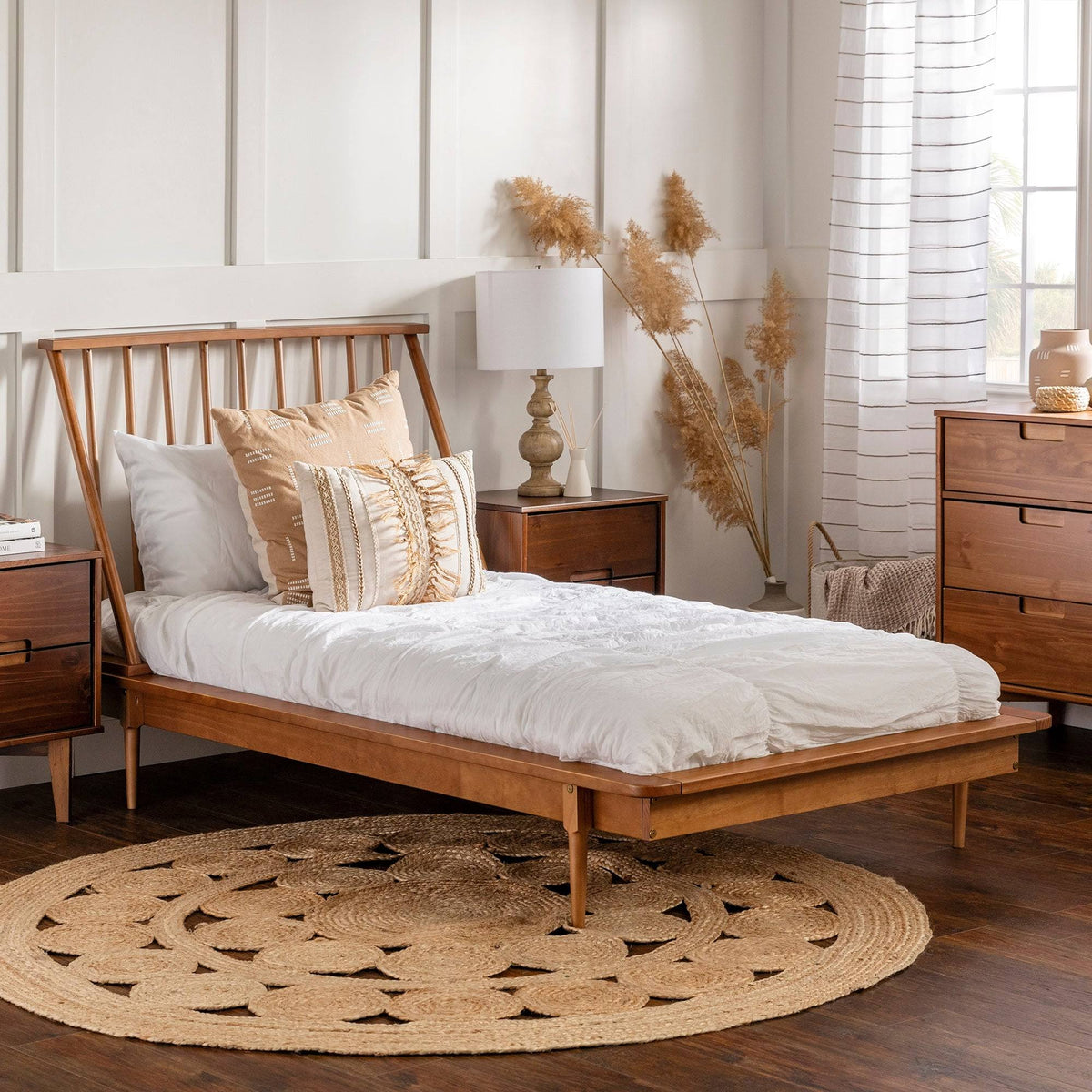 Solid Pine Wood Spindle Bed - Caramel - Queen H340623