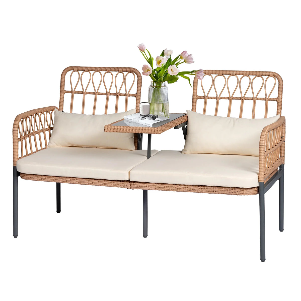 Gray Outdoor Rattan Loveseat with Built-in Coffee Table E46961