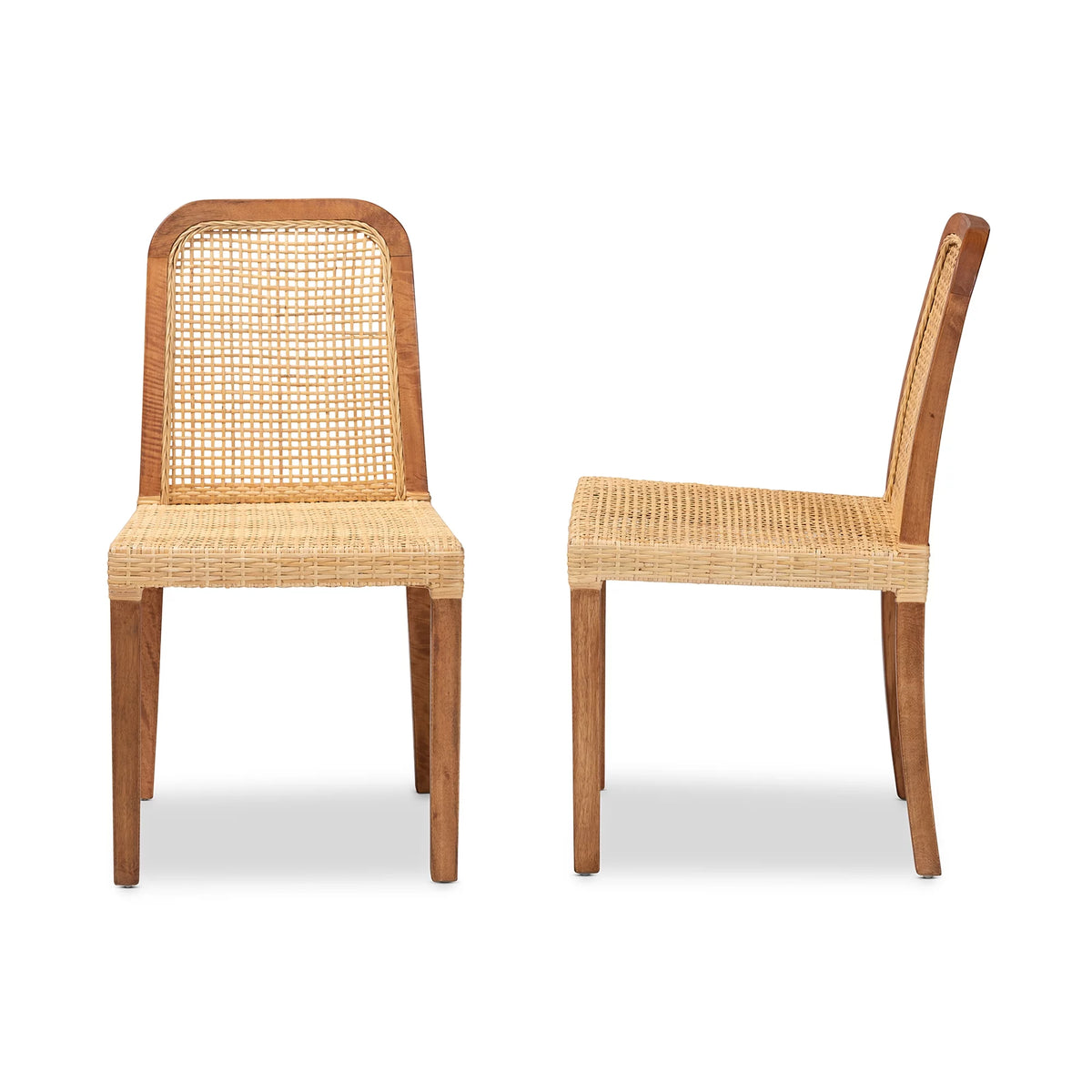 Walnut Brown Wood and Natural Rattan 2-Piece Dining Chair Set T93011