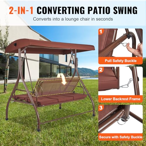 3-Seat Converting Canopy Patio Swing Chair with Cushion D558374