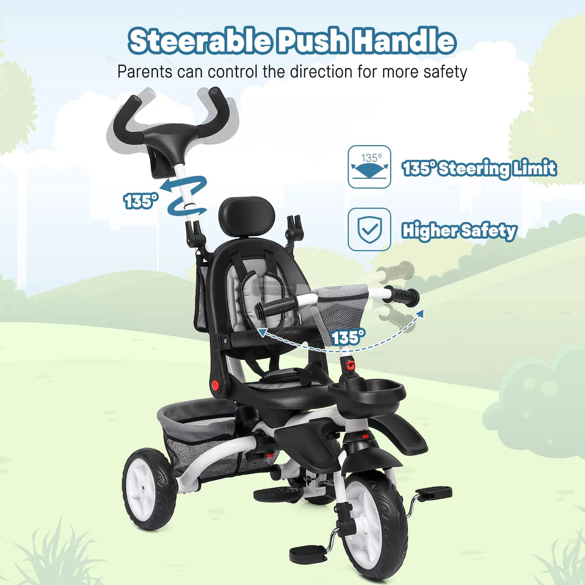 Folding Toddler Tricycle with Adjustable Push Handle, Harness, Canopy and Storage O423