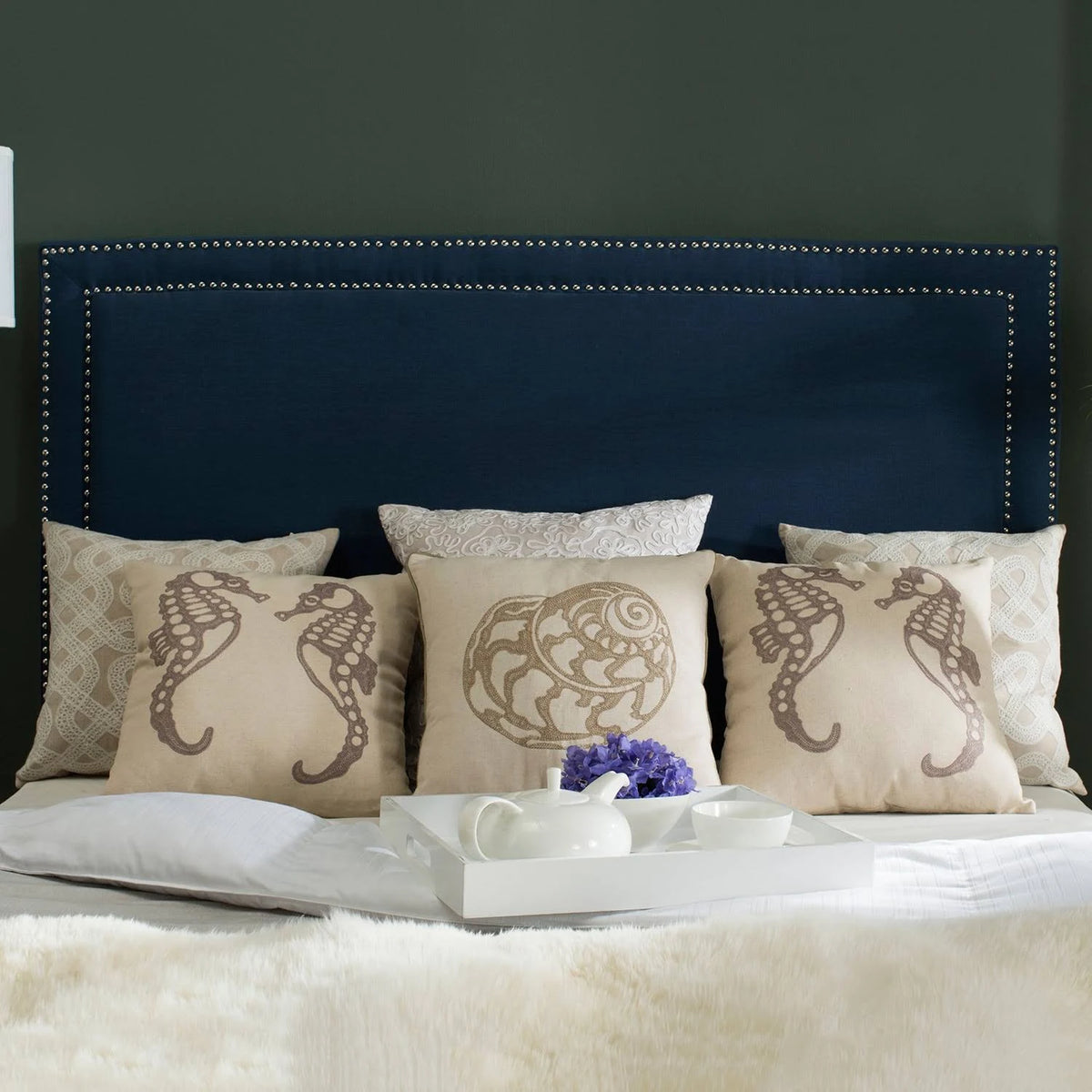 Navy Full Headboard with Silver Nail Head L306134