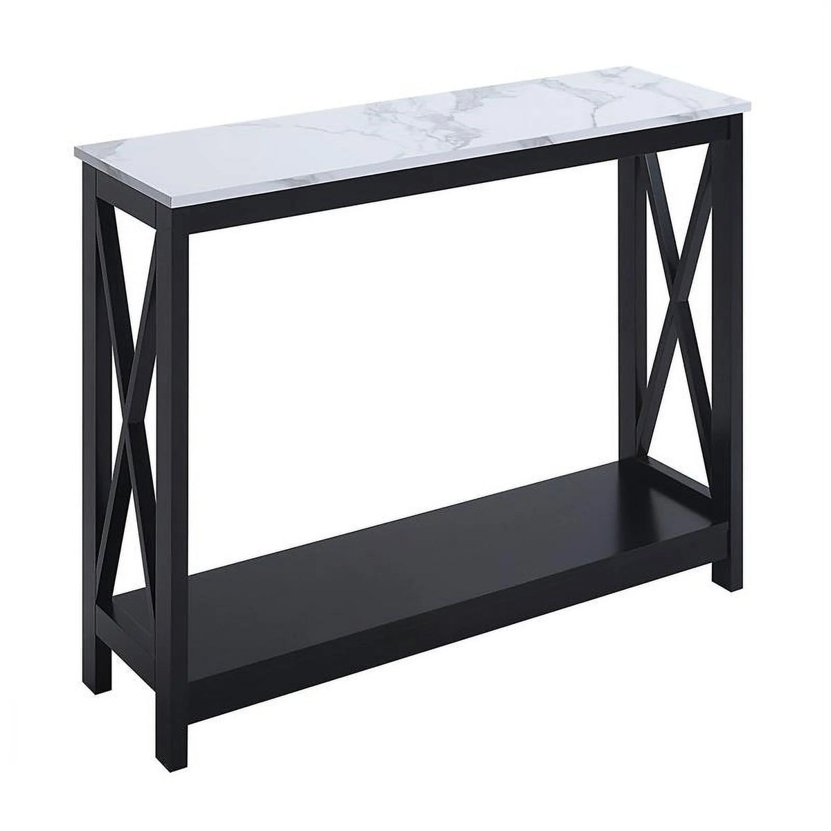 White Faux Marble and Black Wood Console Table with Shelf X409494