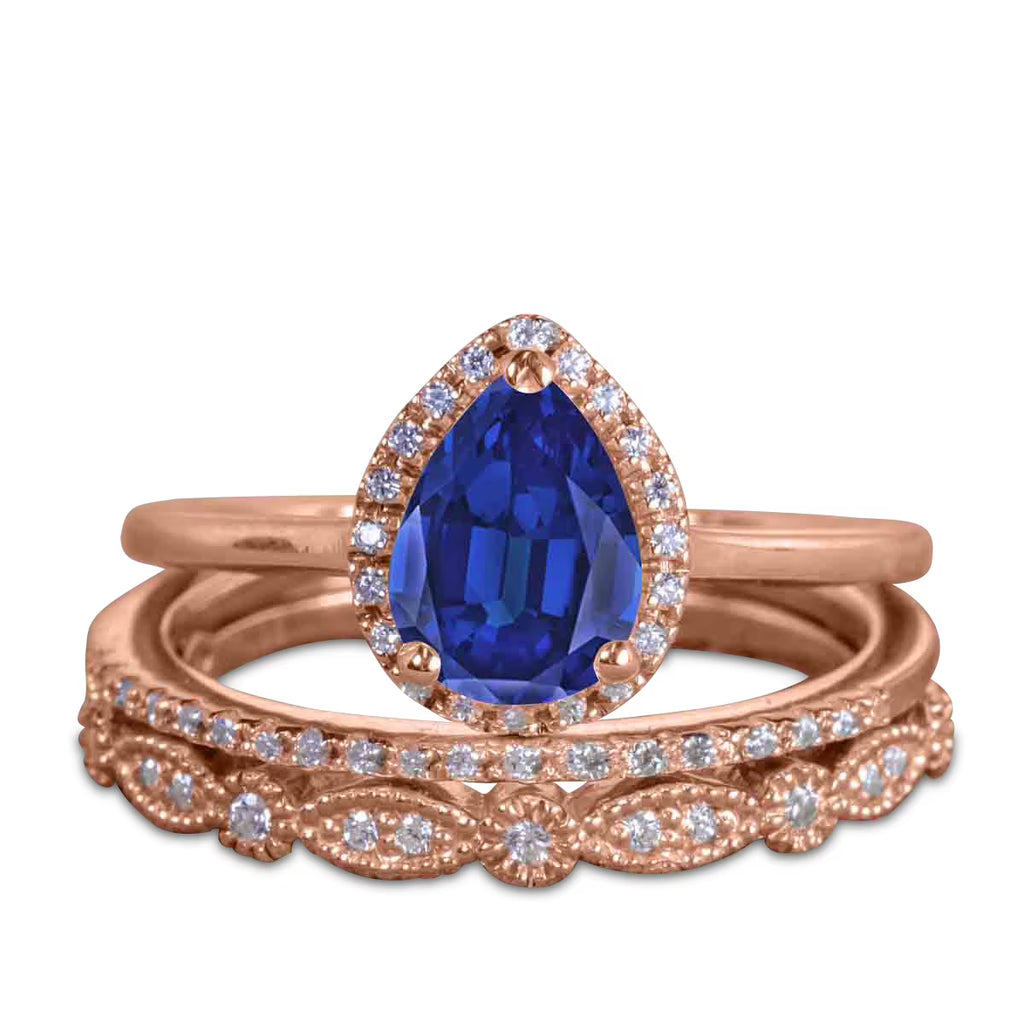 Pear Cut Lab Created Blue Sapphire Trio Wedding Ring Set A745